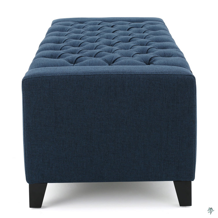 Dark Blue Tufted Fabric Storage Ottoman with Birch Legs