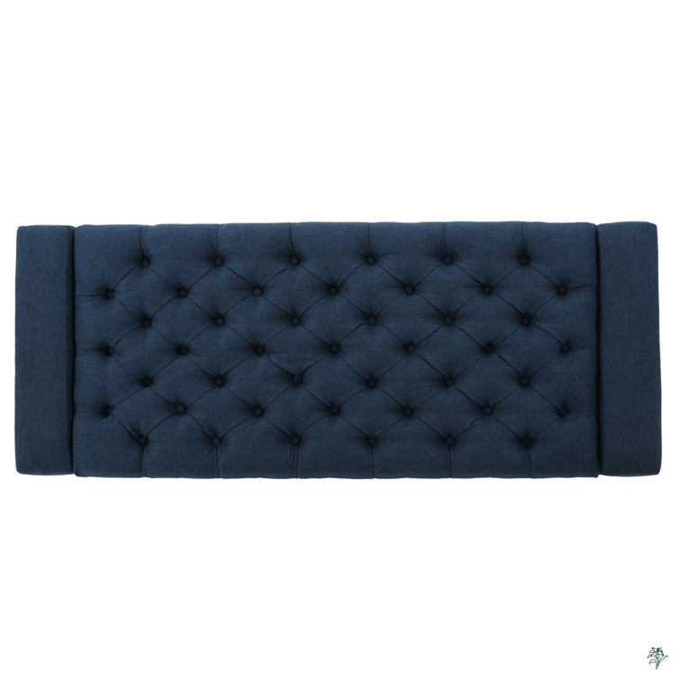 Dark Blue Tufted Fabric Storage Ottoman with Birch Legs