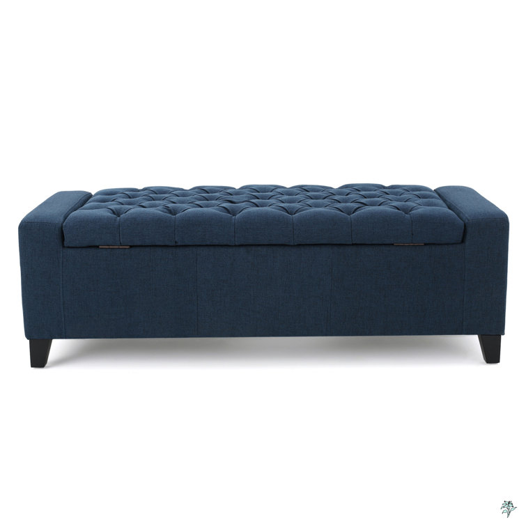 Dark Blue Tufted Fabric Storage Ottoman with Birch Legs