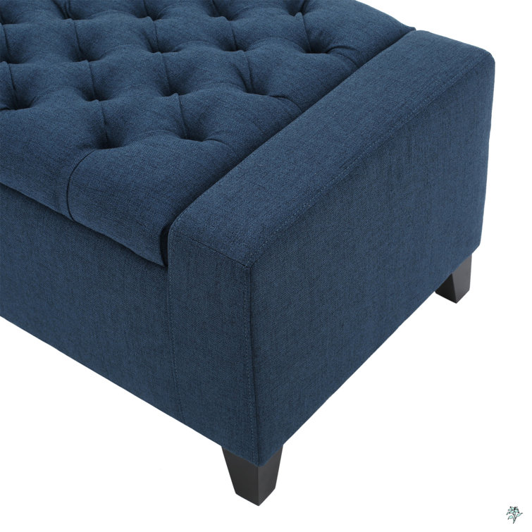 Dark Blue Tufted Fabric Storage Ottoman with Birch Legs