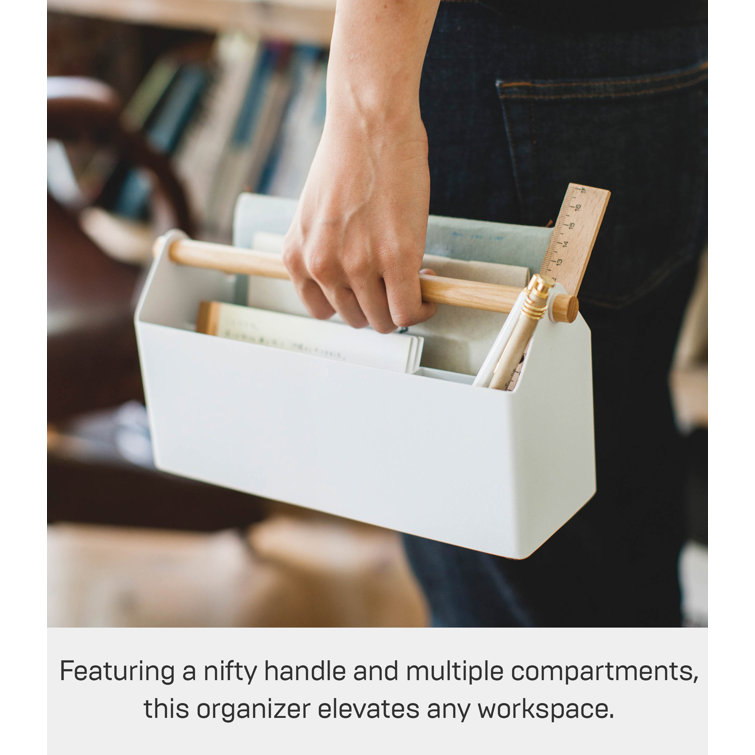 Minimalist White Steel & Wood Desk Organizer with Wooden Crossbar