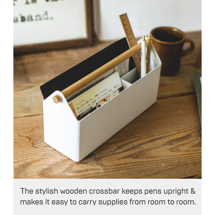 Minimalist White Steel & Wood Desk Organizer with Wooden Crossbar