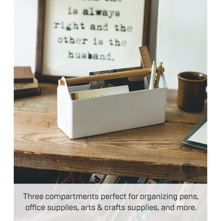 Minimalist White Steel & Wood Desk Organizer with Wooden Crossbar