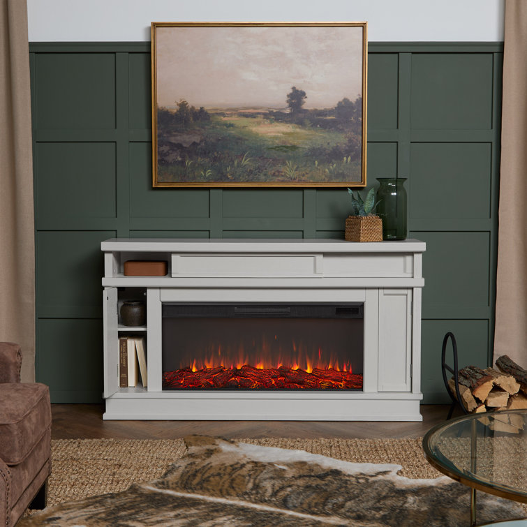 Bone White Electric Fireplace TV Stand with Cabinet