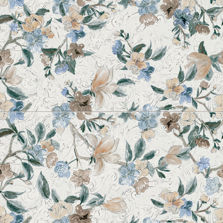 Parete Setoso Large White and Blue Floral Glazed Porcelain Tile