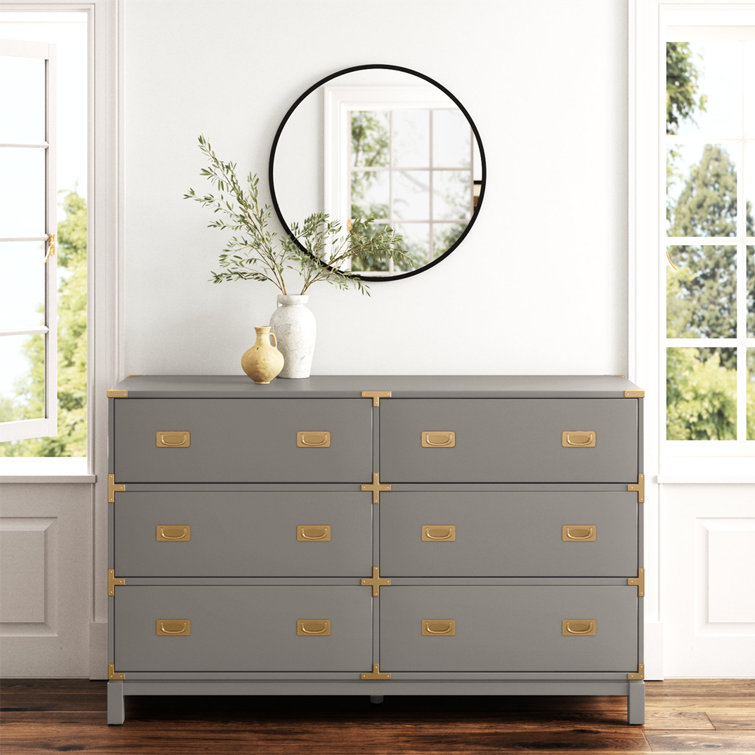 Kedric 6-Drawer Poplar Wood Dresser with Gold Accents in Gray