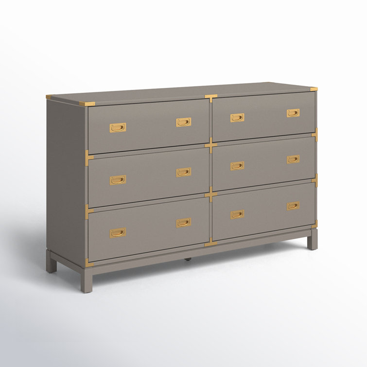 Kedric 6-Drawer Poplar Wood Dresser with Gold Accents in Gray