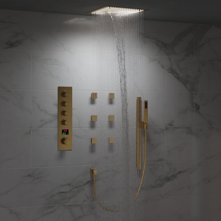 Large Brushed Gold LED Ceiling Mount Shower System