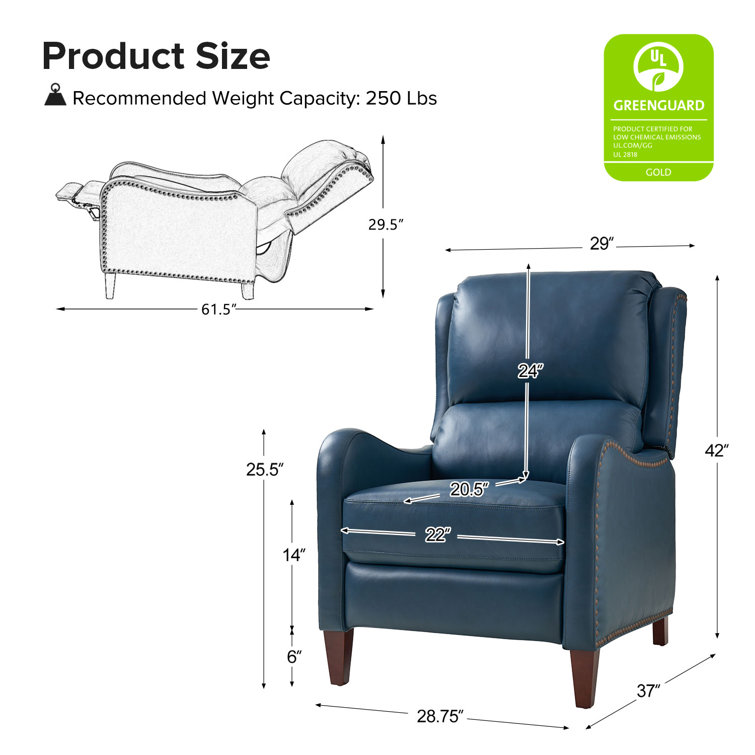 Turquoise Genuine Leather Club Recliner with Wood Legs