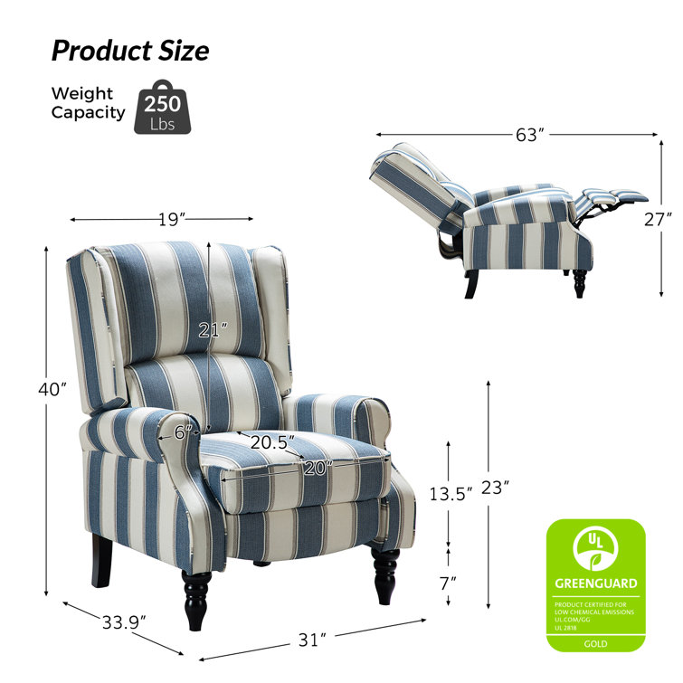 Navy Stripe Polyester Blend Wingback Recliner with Wood Legs