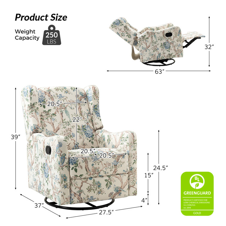 Floral Polyester Swivel Glider Recliner with Metal Frame