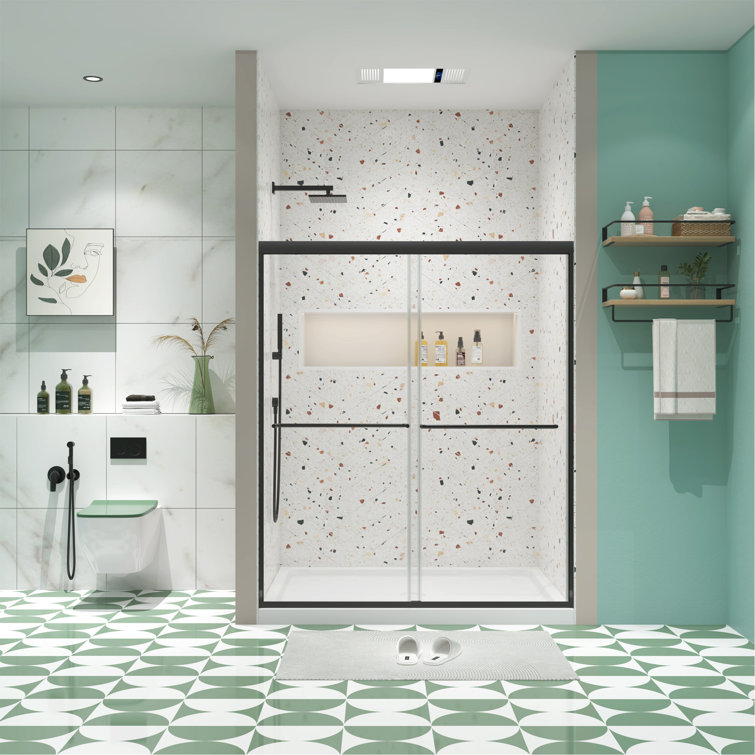 Matte Black Aluminum Sliding Shower Door with Tempered Glass, 44-48" x 70"