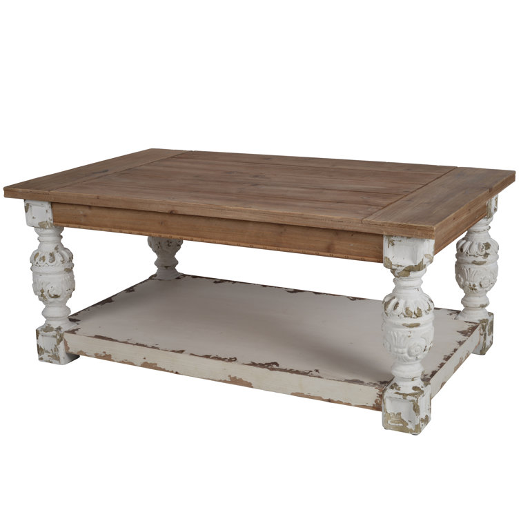 Whitewash Fir Wood Rectangular Coffee Table with Storage and Carved Legs