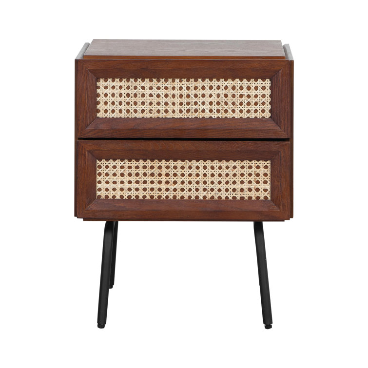 Dark Walnut and Natural Rattan 2-Drawer Mid-Century Nightstand