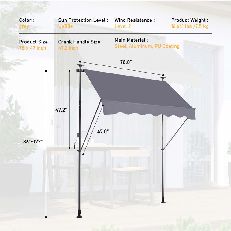 Gray Polyester Outdoor Adjustable Patio Door Awning Canopy