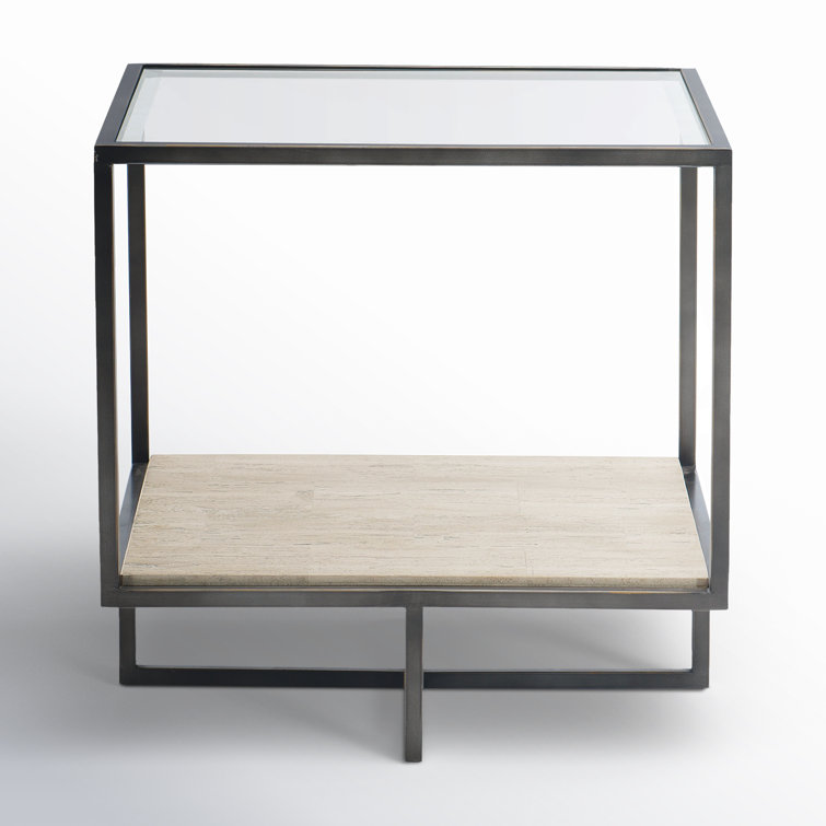 Transitional Bronzed Metal & White Stone Square End Table