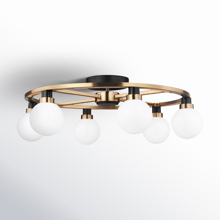Satin Brass 6-Light Globe Semi Flush Mount with White Glass