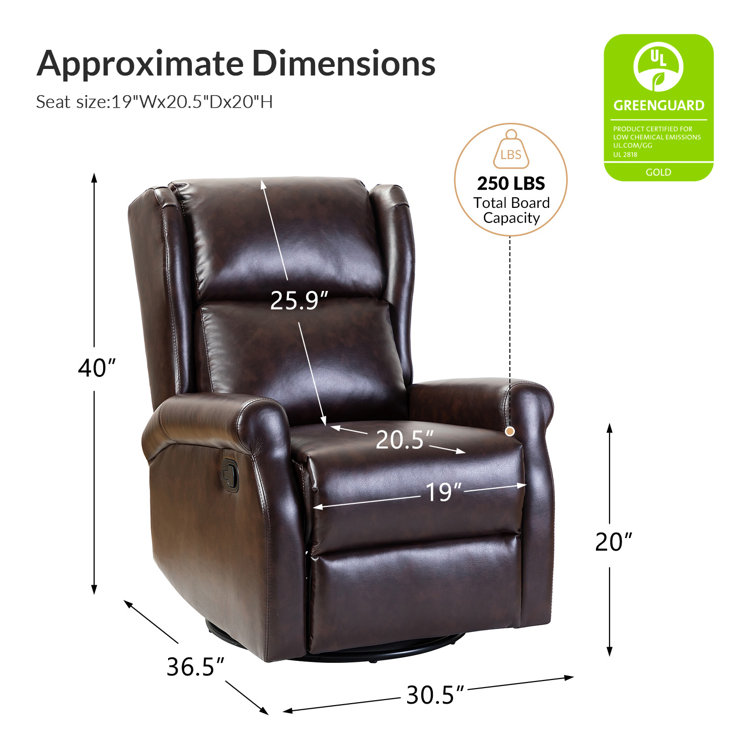 Brown Faux Leather Swivel Rocker Recliner with Rolled Arms