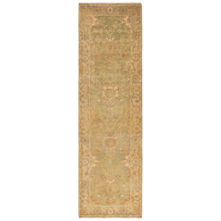Hand-Knotted Wool Green and Beige 3' x 10' Runner Rug