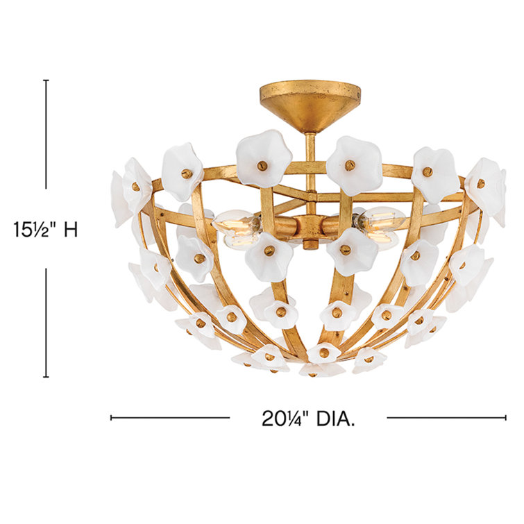 Distressed Brass and White Glass Floral LED Semi-Flush Mount
