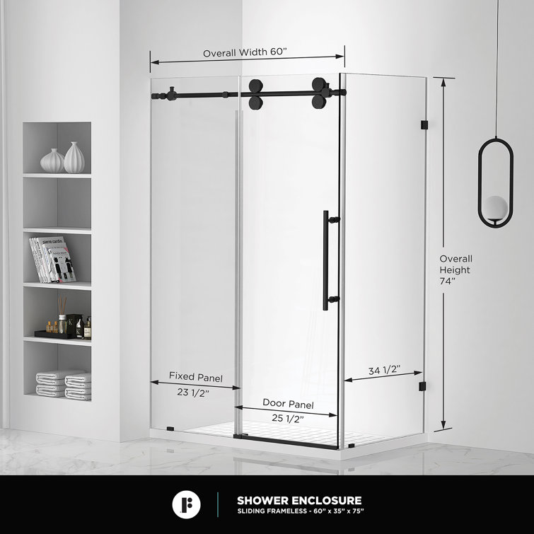 60'' Black Frameless Sliding Shower Door with Tempered Glass