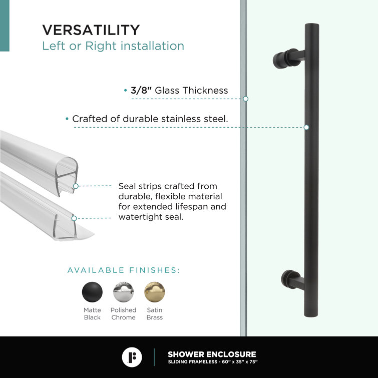 60'' Black Frameless Sliding Shower Door with Tempered Glass