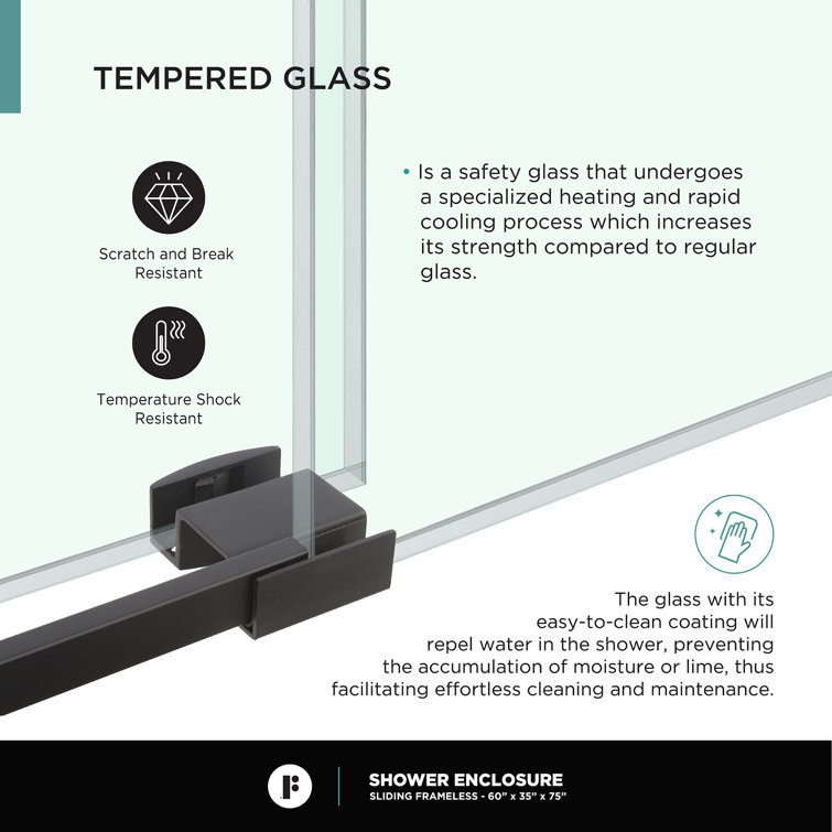 60'' Black Frameless Sliding Shower Door with Tempered Glass