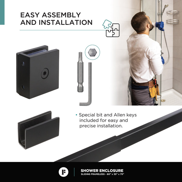 60'' Black Frameless Sliding Shower Door with Tempered Glass
