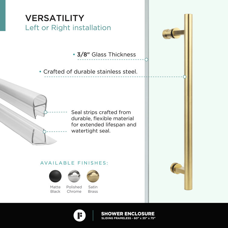 60'' Satin Brass Frameless Sliding Shower Enclosure with Tempered Glass