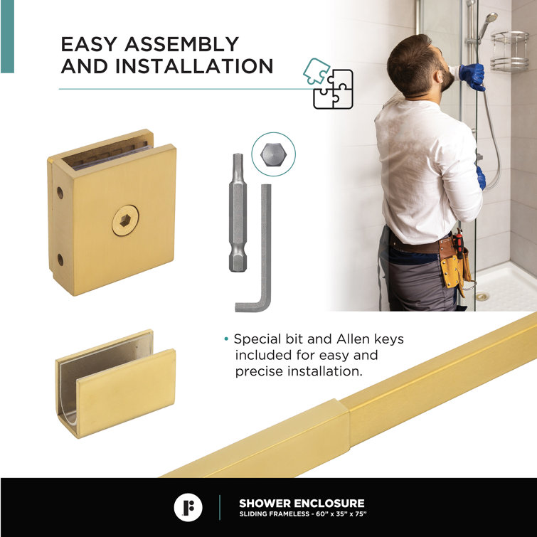 60'' Satin Brass Frameless Sliding Shower Enclosure with Tempered Glass