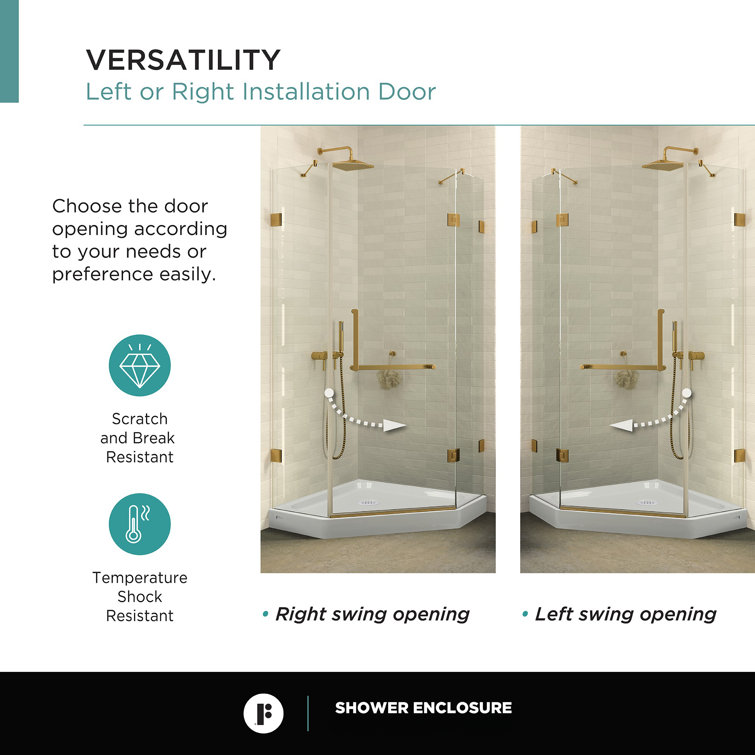Neo Angle Acrylic Shower Base with Satin Brass Frameless Enclosure