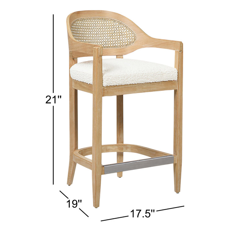 Ivory Boucle Upholstered Solid Wood Counter Stool with Cane Back