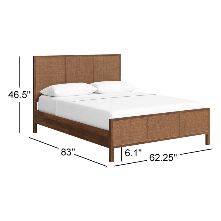 Brown Wash Queen Wood Panel Bed with Woven Cane Headboard