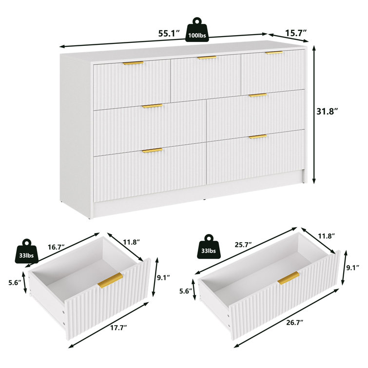 White Fluted Wood Dresser with Gold Handles, 55" Wide