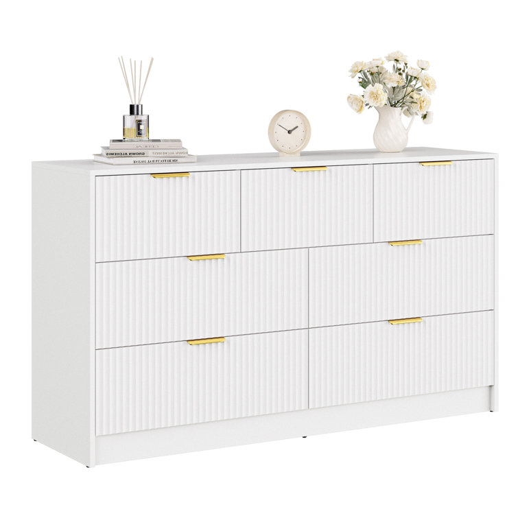 White Fluted Wood Dresser with Gold Handles, 55" Wide