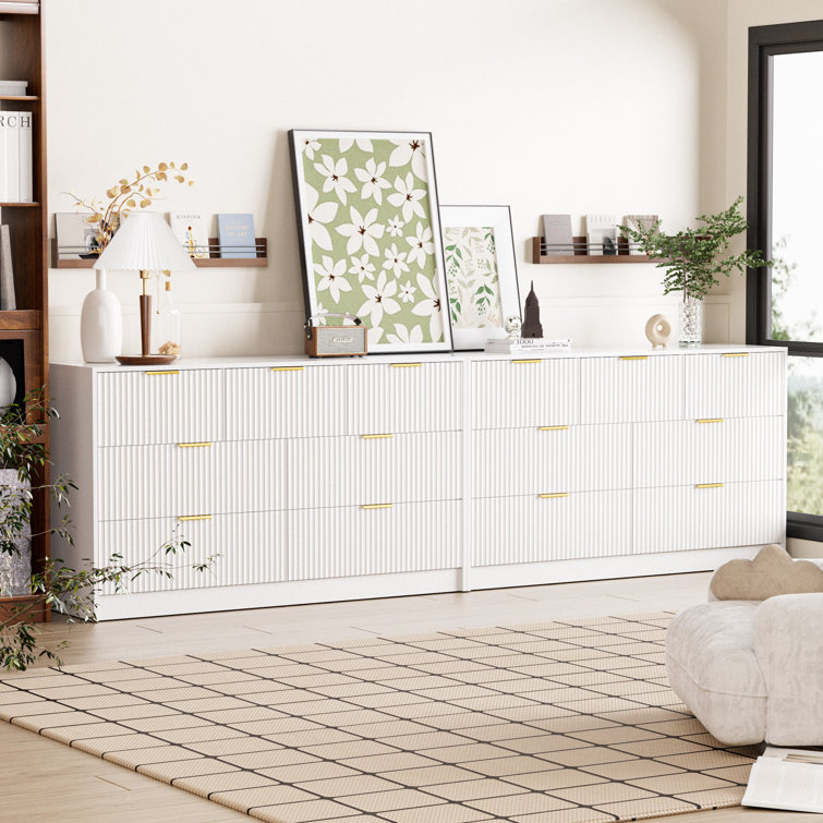 White Fluted Wood Dresser with Gold Handles, 55" Wide