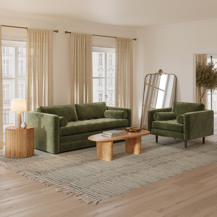 Napa 42" Distressed Green Velvet Armchair with Walnut Wood Legs