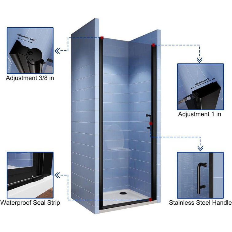 Matte Black Frameless Pivot Shower Door with Clear Glass