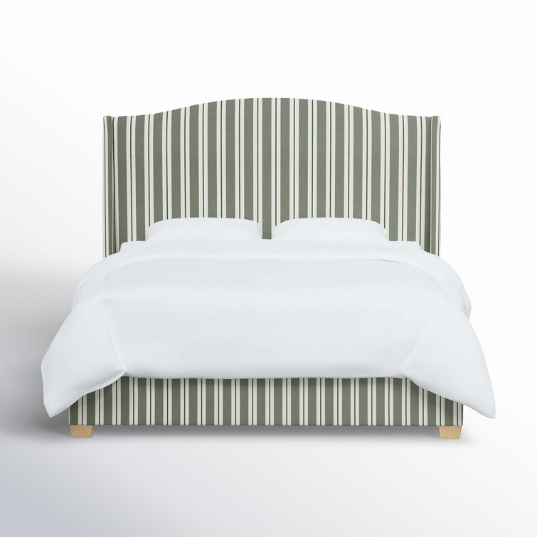 Queen Pine Upholstered Bed with Striped Headboard