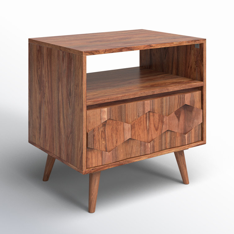 Mid-Century Sheesham Wood 22" Brown Nightstand with Drawer