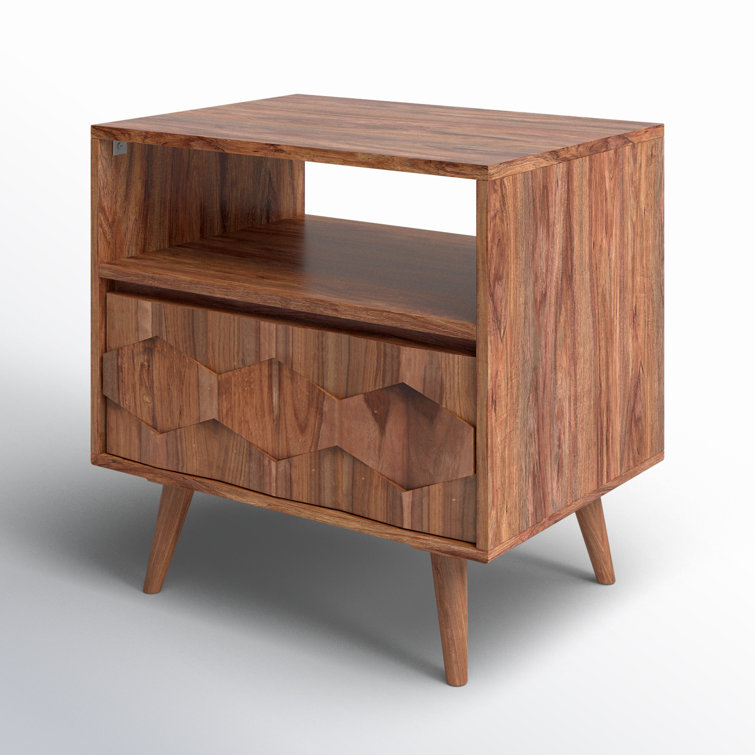 Mid-Century Sheesham Wood 22" Brown Nightstand with Drawer