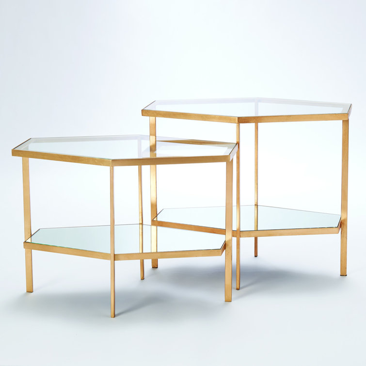 Gold Leaf Geometric Round Mirrored End Table with Shelf