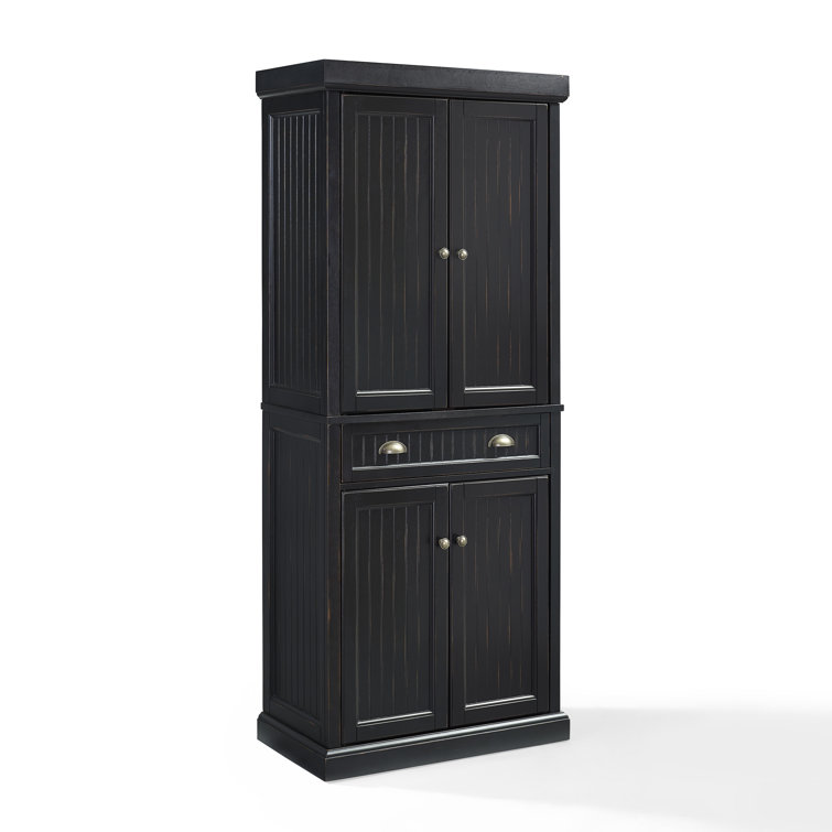 Seaside Distressed Black Solid Hardwood Coastal Pantry Cabinet
