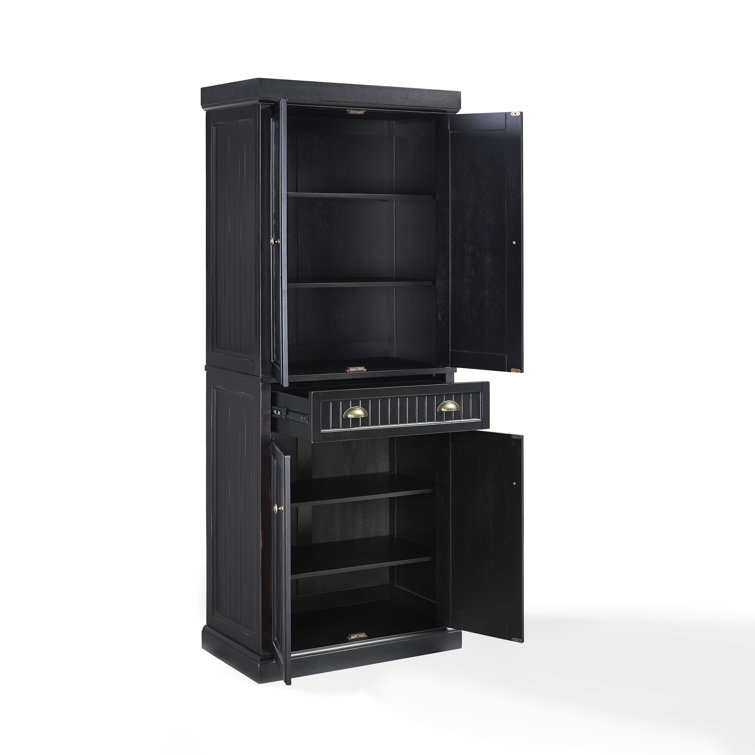 Seaside Distressed Black Solid Hardwood Coastal Pantry Cabinet