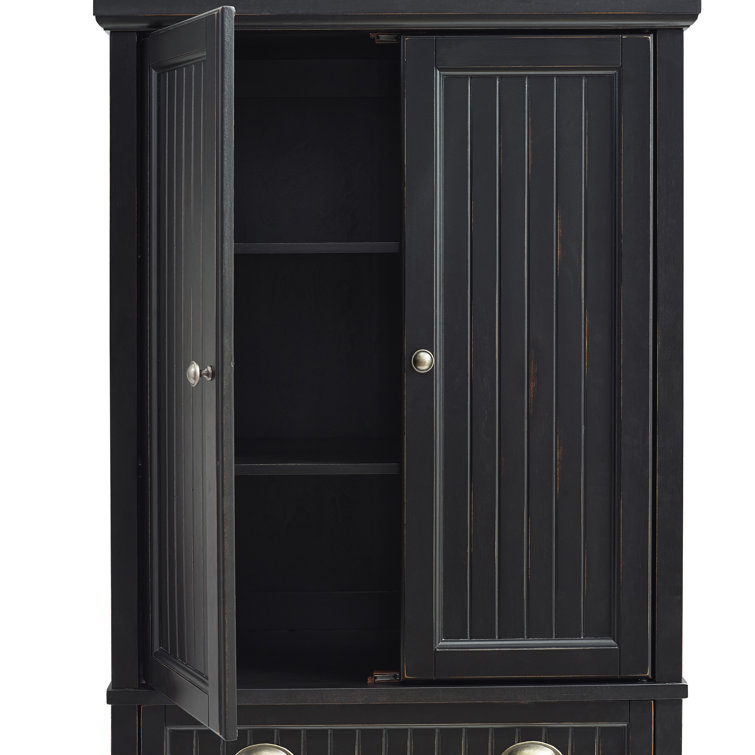Seaside Distressed Black Solid Hardwood Coastal Pantry Cabinet