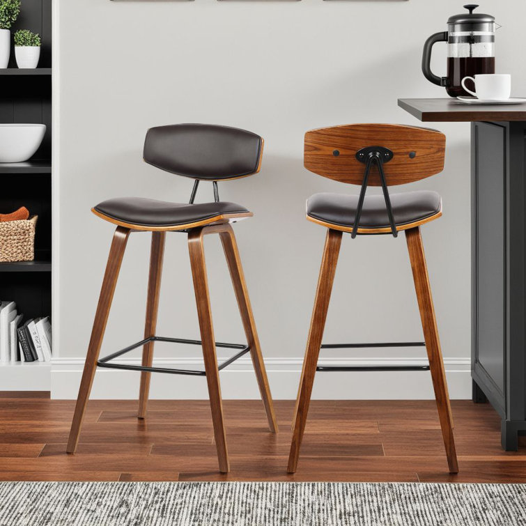 Fox 30'' Brown Faux Leather and Walnut Wood Mid-Century Bar Stool