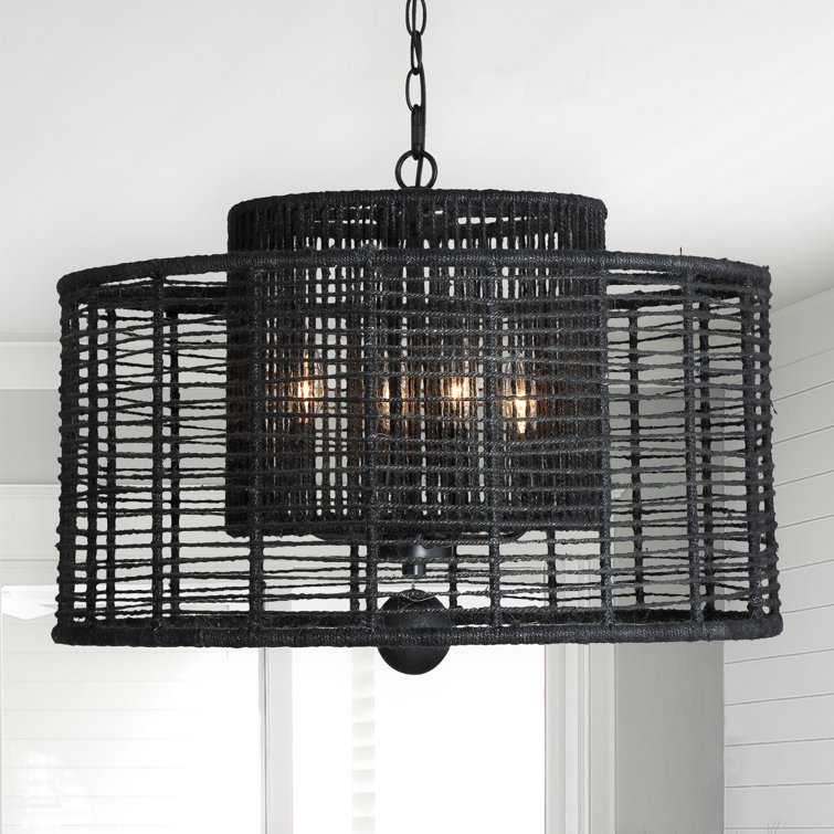 Matte Black Drum Filigree 4-Light Chandelier