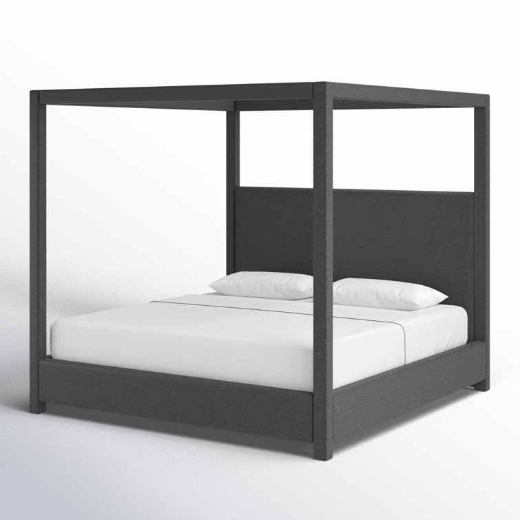 Gray Linen Upholstered King Canopy Bed with Eucalyptus Wood Frame