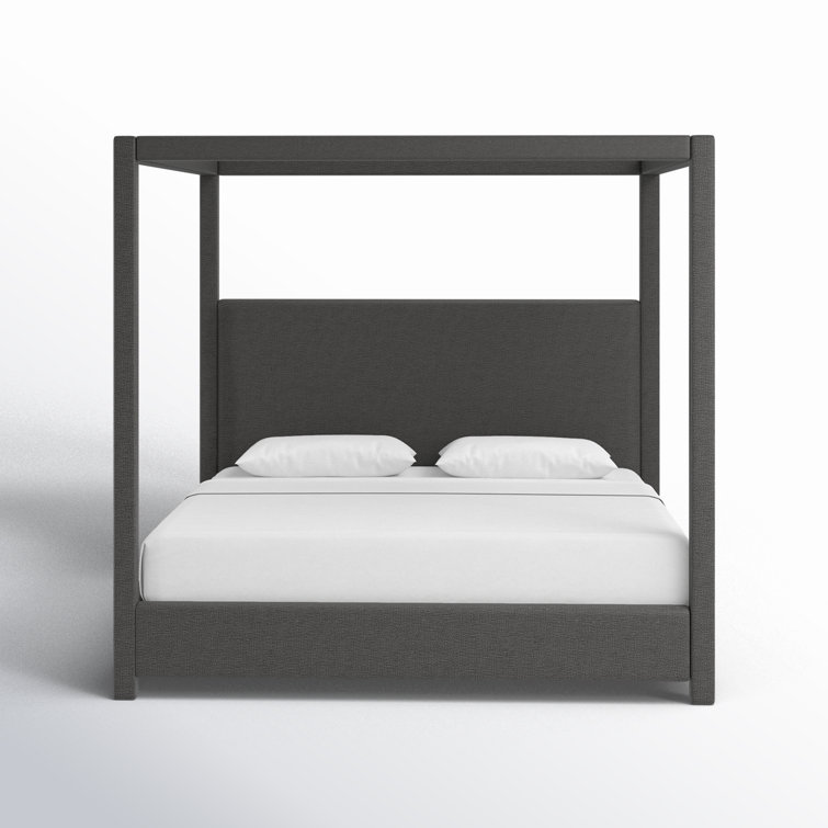 Gray Linen Upholstered King Canopy Bed with Eucalyptus Wood Frame