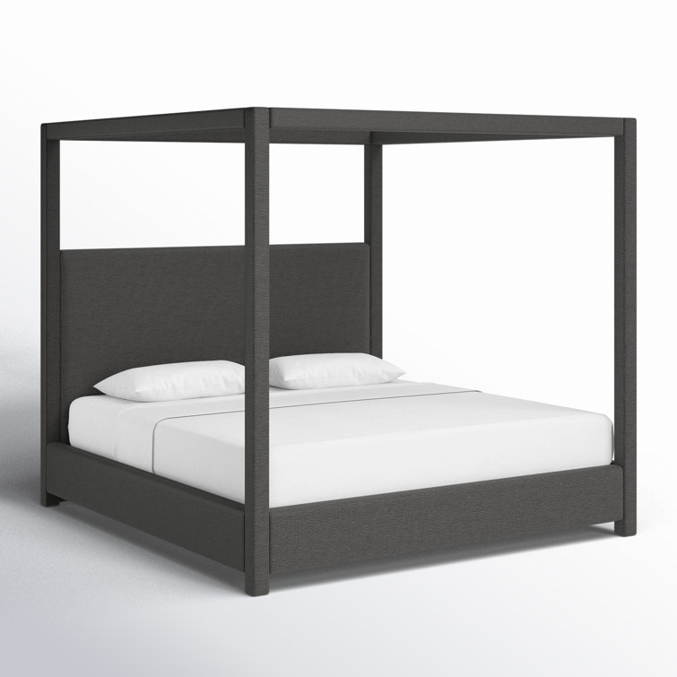 Gray Linen Upholstered King Canopy Bed with Eucalyptus Wood Frame